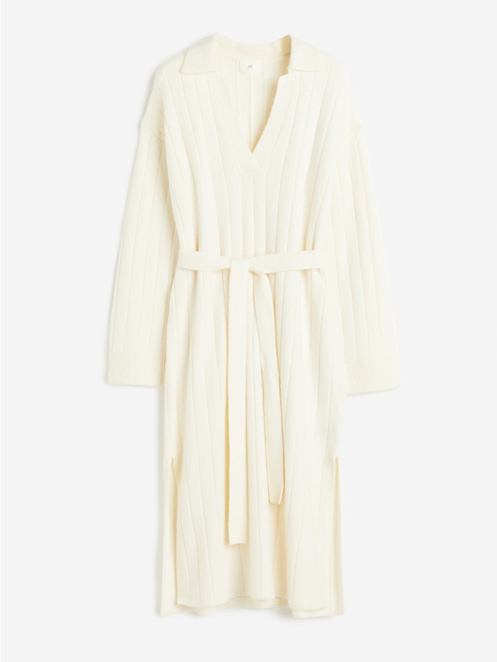 H&M Cream Ribbed Knit Collared Dress